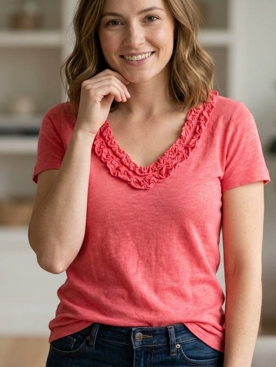 J. Crew Tops - J.Crew Pink Ruffle V-Neck Slub Cotton Tee Size XS